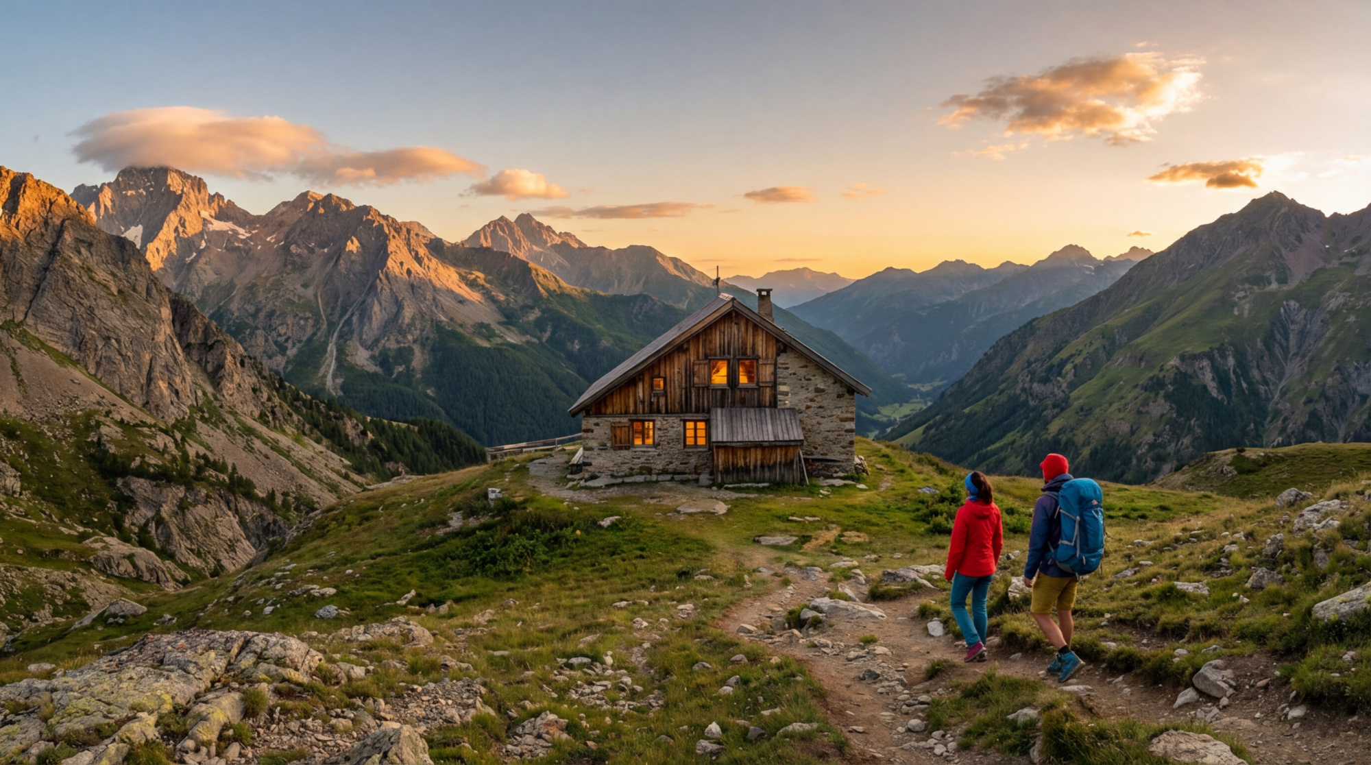 Deux randonneurs approchent un refuge alpin en pierre et bois, ses fenêtres illuminées, sous un coucher de soleil orange sur les montagnes.