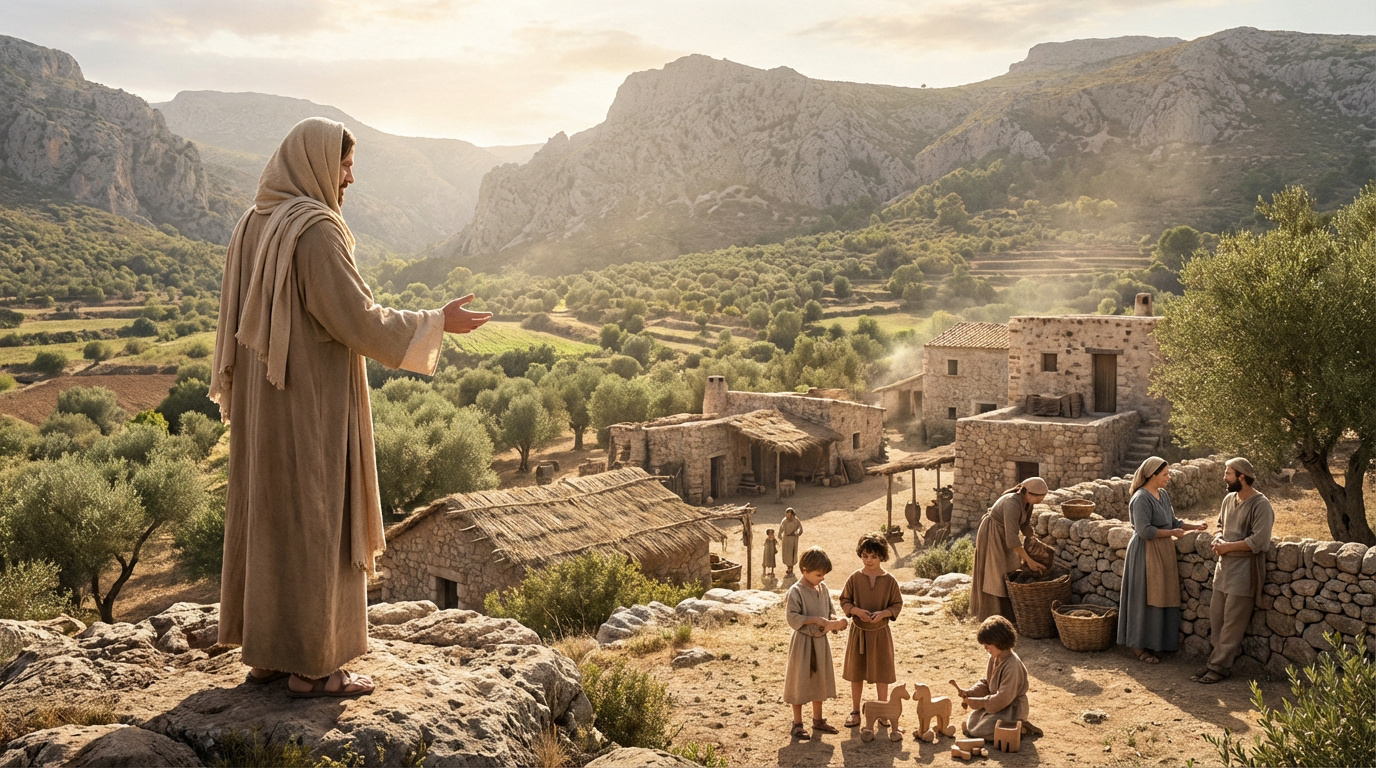 Jésus, vêtu d'une tunique, domine un village antique dans une vallée. Des montagnes et des champs d'oliviers entourent la scène.