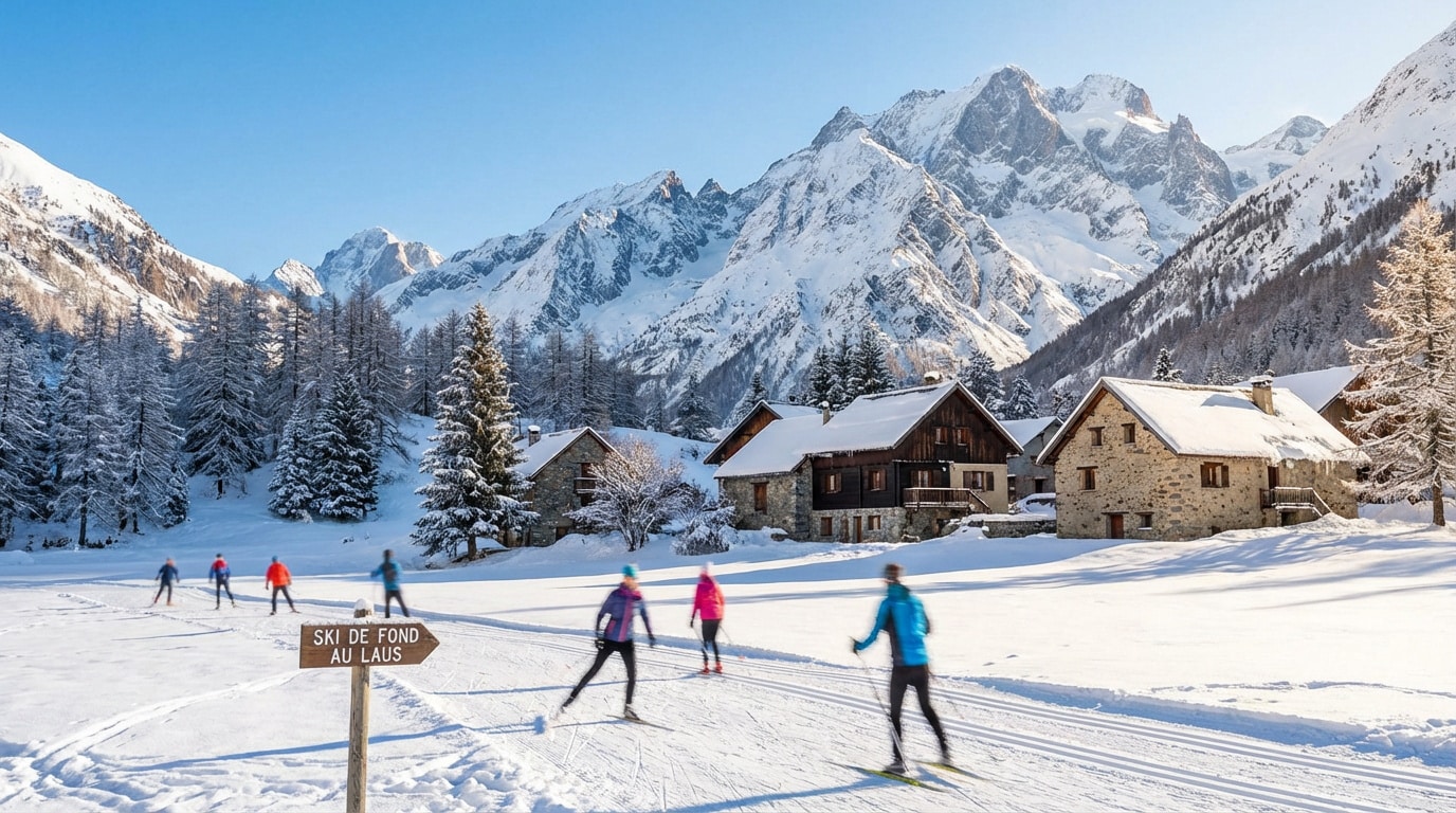 Vue hivernale de Cervières avec des skieurs de fond, des chalets enneigés et des montagnes majestueuses sous un ciel bleu.