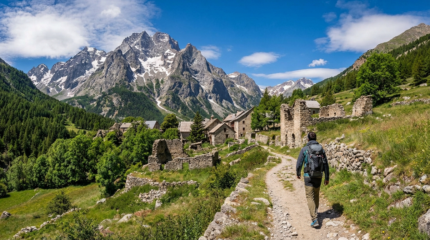 Un randonneur marche sur un chemin de terre à Champcella, Hautes-Alpes, avec des ruines de village et des montagnes enneigées en arrière-plan.