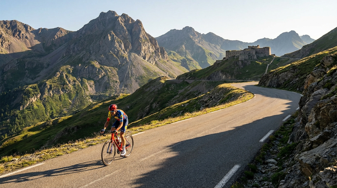 Cycliste sur une route de montagne sinueuse, Fort du Télégraphe en arrière-plan, sous un ciel bleu. Paysage alpin ensoleillé.