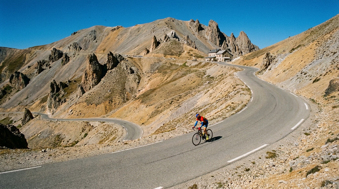 Cycliste sur une route sinueuse en montagne, entouré de roches arides et d'un refuge en pierre sous un ciel bleu clair.
