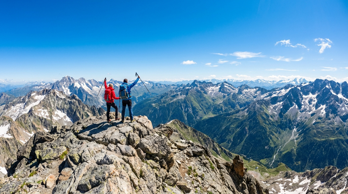 Deux randonneurs célèbrent sur un sommet rocheux, levant les bras, face à un panorama alpin enneigé sous un ciel bleu.
