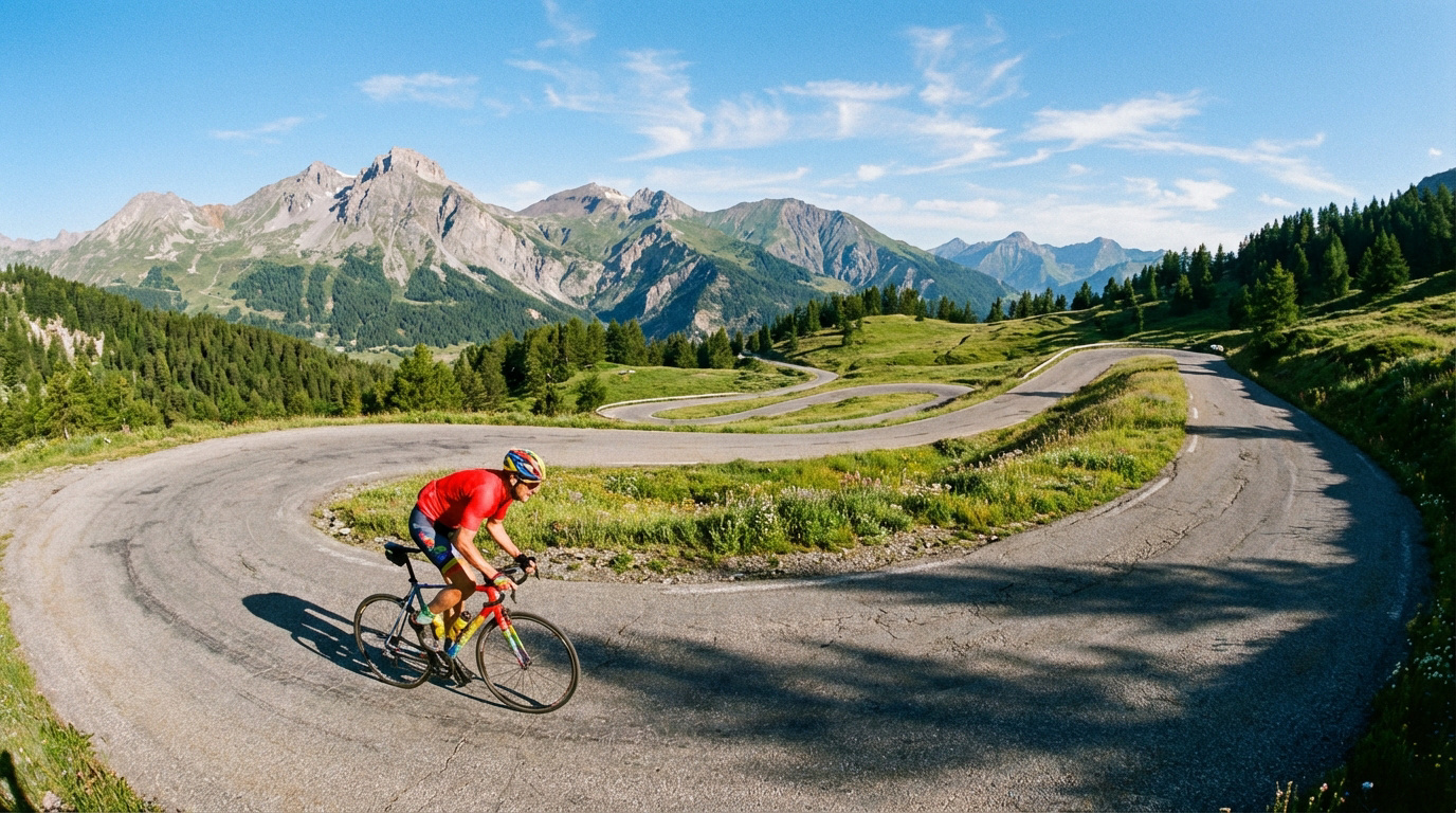 Un cycliste en maillot rouge monte le Col Noyer sur une route sinueuse en lacets, entouré de montagnes verdoyantes sous un ciel bleu.