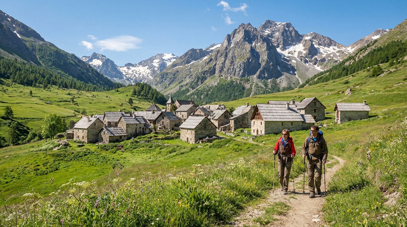 Deux randonneurs sur un sentier menant au village de Dormillouse, entouré de vastes prairies et de montagnes enneigées dans les Écrins.