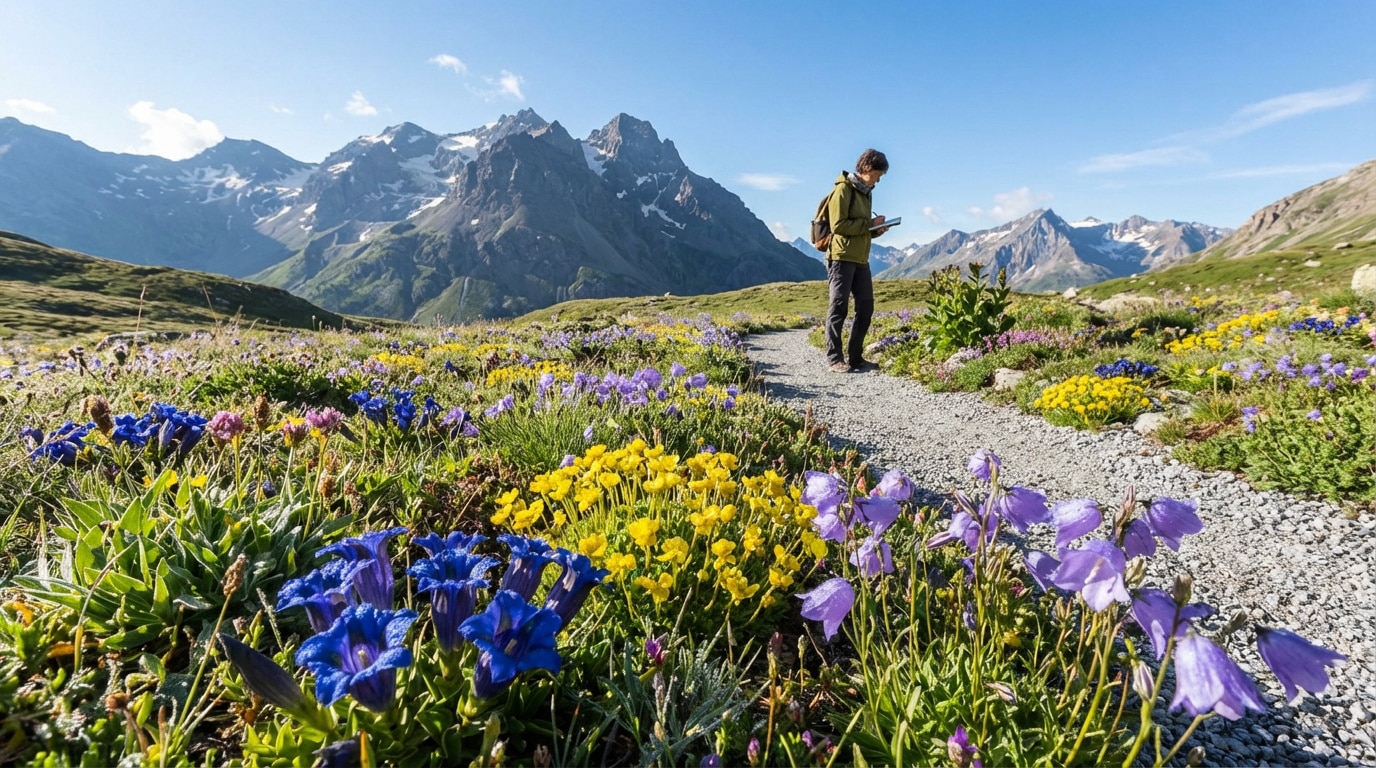 Homme avec sac à dos et tablette sur sentier fleuri de gentianes, campanules, montagnes enneigées en arrière-plan.