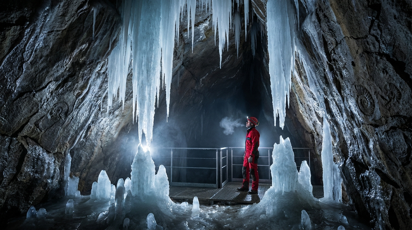 Spéléologue dans une grotte de glace massive. L'air froid fait fumer sa respiration. D'immenses stalactites et stalagmites entourent une passerelle.
