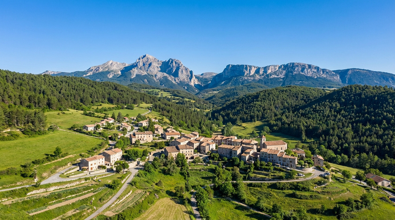 Vue aérienne du village de La Roche-des-Arnauds, entouré de verdoyantes collines boisées et de majestueuses montagnes.