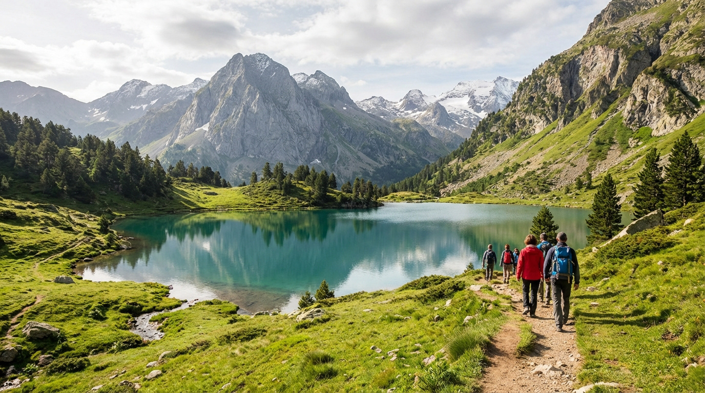Cinq randonneurs sur un sentier longeant le Lac de l'Oule, entouré de montagnes verdoyantes et enneigées, sous un ciel nuageux.