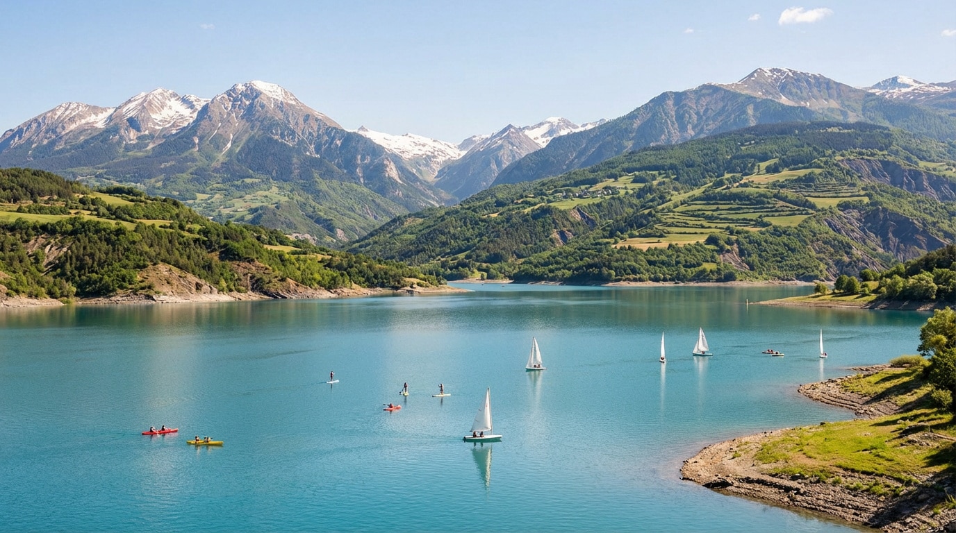 Vue aérienne du Lac de Serre-Ponçon aux eaux turquoise, entouré de montagnes verdoyantes et enneigées. Plusieurs embarcations sont sur l'eau.