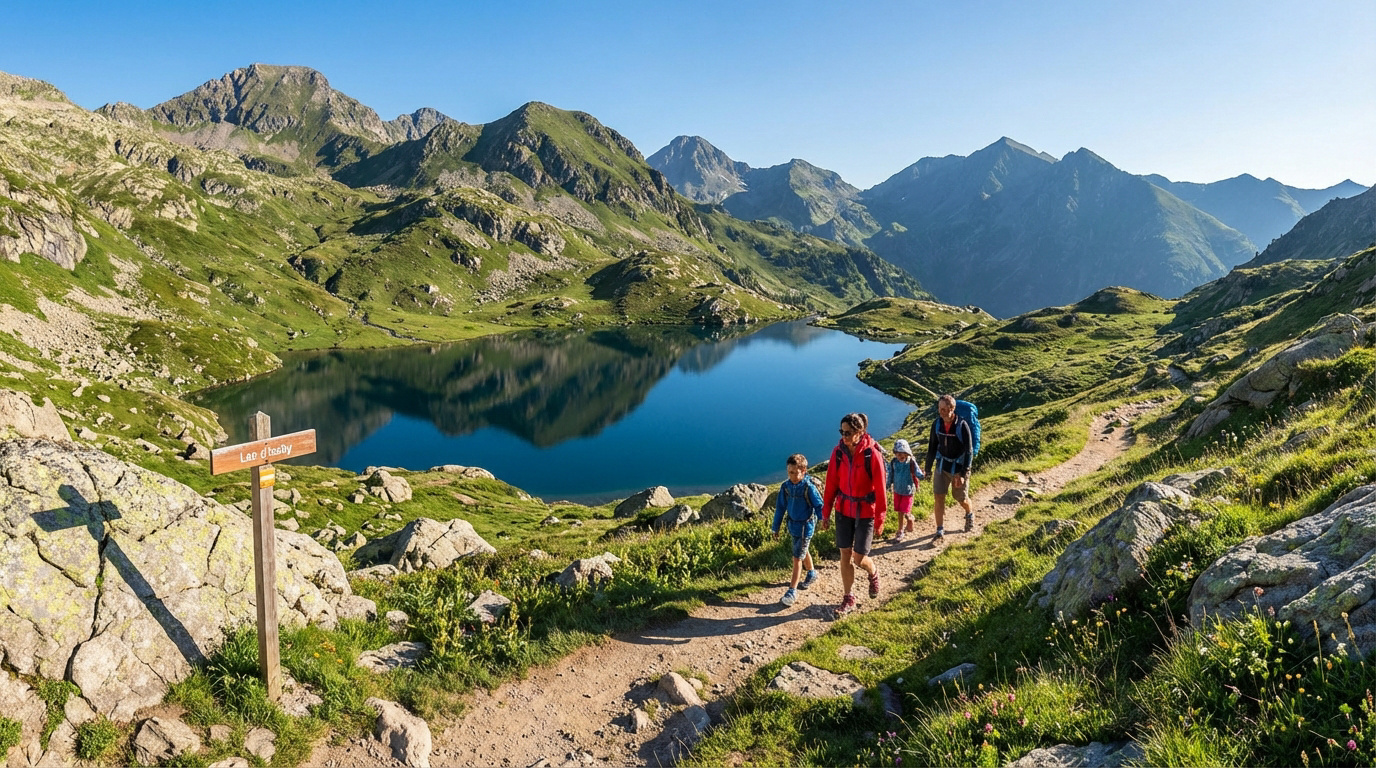 Famille de randonneurs sur un sentier en montagne, longeant le Lac d'Isaby aux eaux bleues reflétant les sommets verdoyants.