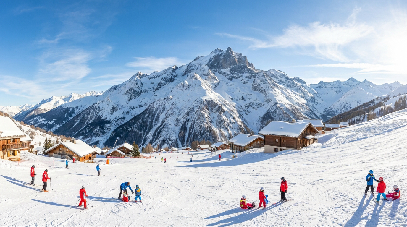 Panorama hivernal sur la station de ski du Chazelet avec des skieurs et des chalets, montagnes enneigées dont la Meije en arrière-plan sous un ciel bleu.