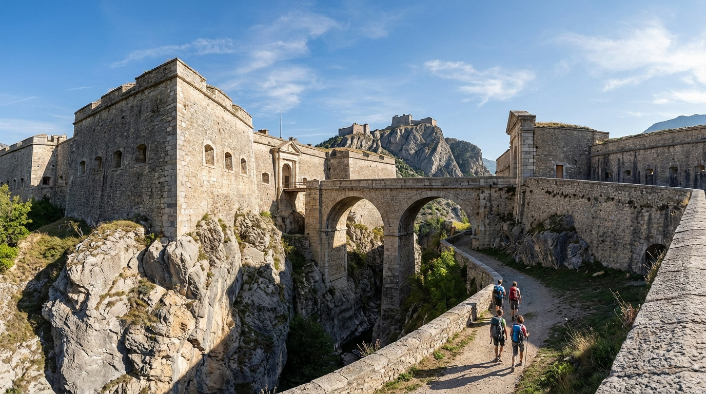 Vue des fortifications Vauban à Briançon : un pont en arches en pierre relie des forts massifs sur des rochers, avec des randonneurs.