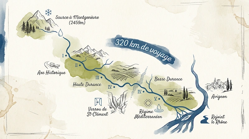 Carte illustrée du parcours de la Durance, de sa source alpine à Montgenèvre jusqu'à sa confluence avec le Rhône près d'Avignon.