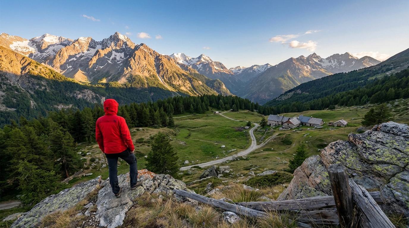 Vue arrière d'un randonneur en veste rouge admirant une vallée alpine verdoyante avec chalets, forêts et sommets enneigés.