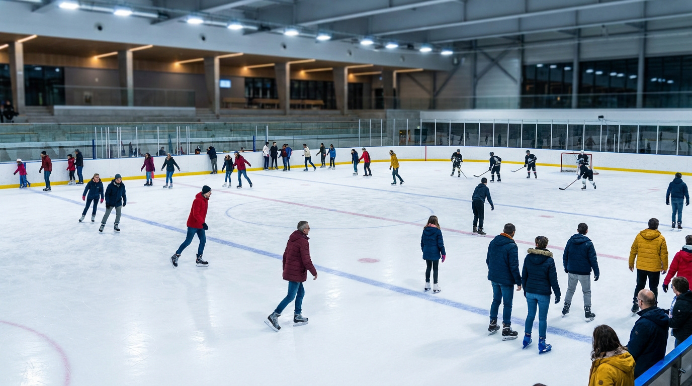 Patinoire intérieure moderne avec de nombreux patineurs de tous âges et des joueurs de hockey sur glace en action.