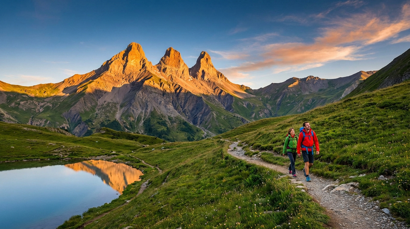 Deux randonneurs sur un sentier montagneux près d'un lac, avec les Aiguilles d'Arves illuminées par le soleil couchant.