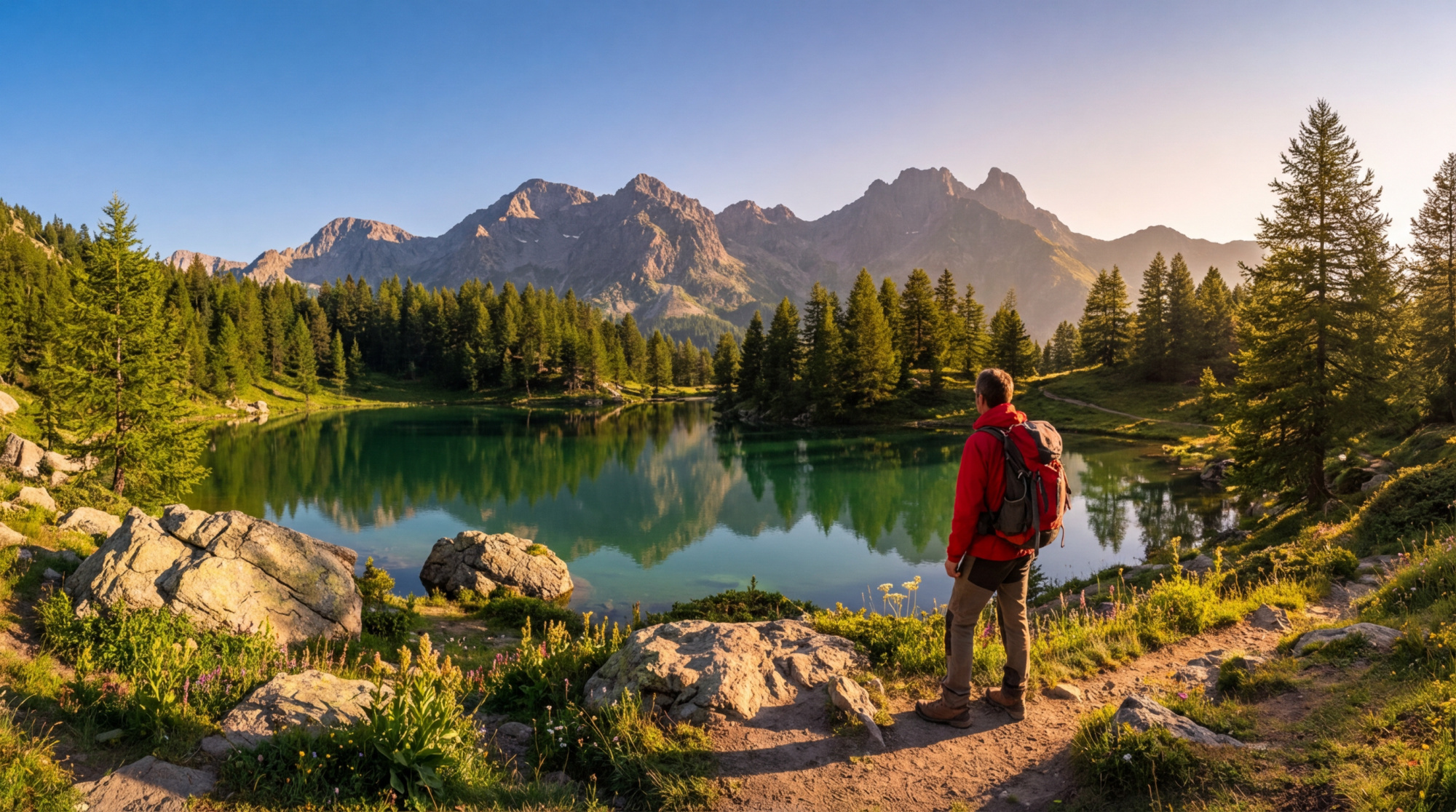Randonneur en veste rouge face au lac du Poursollet, ses eaux turquoises reflétant pins et montagnes sous le soleil levant.
