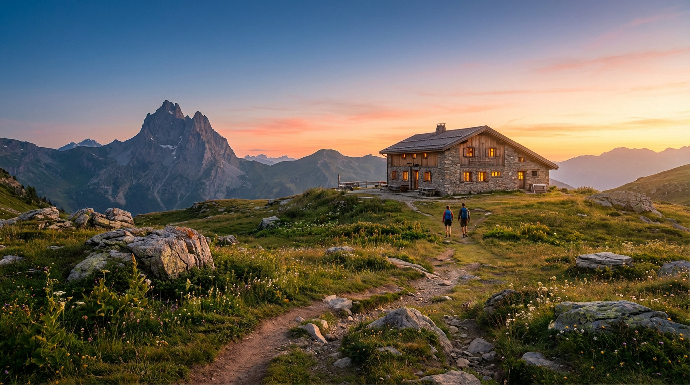 Refuge alpin en pierre éclairé par un coucher de soleil orange-rose. Deux randonneurs suivent un sentier à travers des prairies fleuries, montagnes en fond.