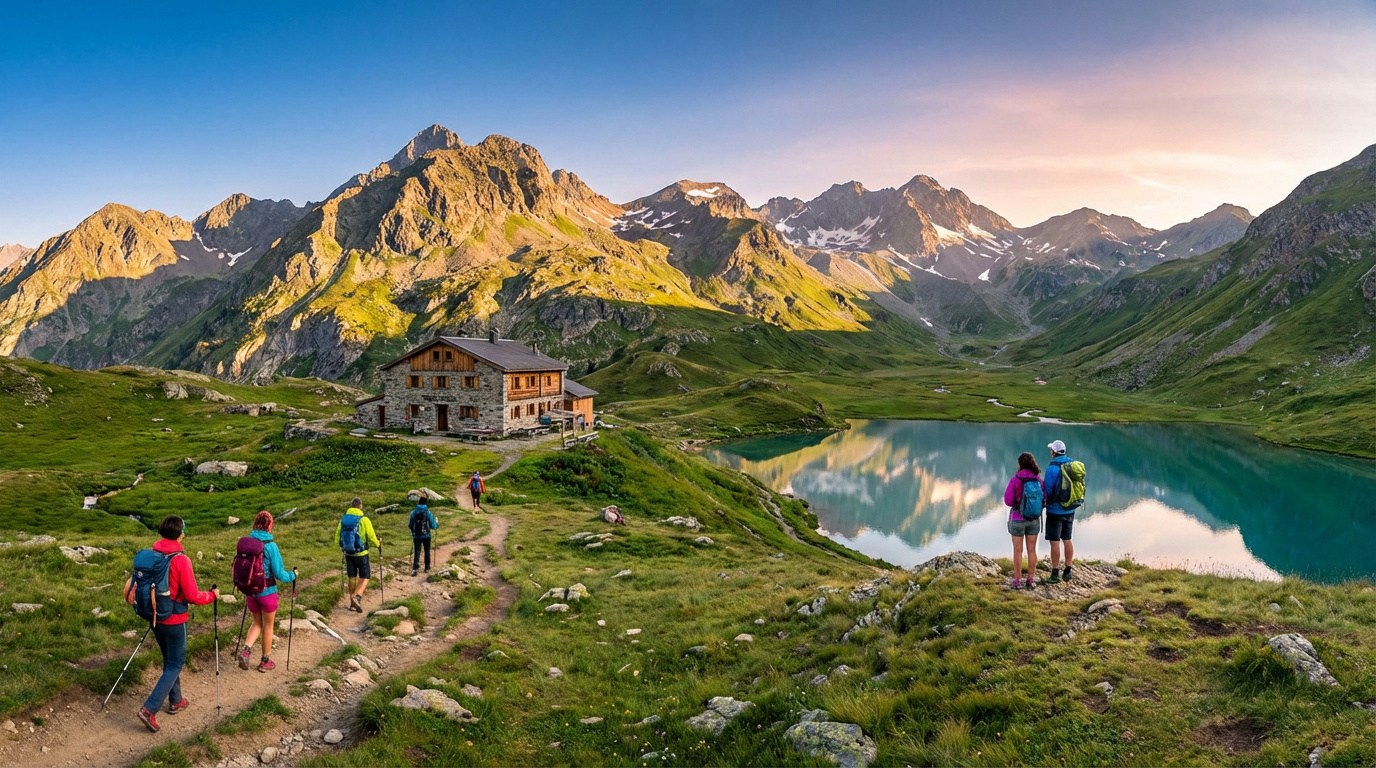 Randonneurs près d'un refuge en pierre au bord d'un lac alpin turquoise. Coucher de soleil sur les montagnes verdoyantes.