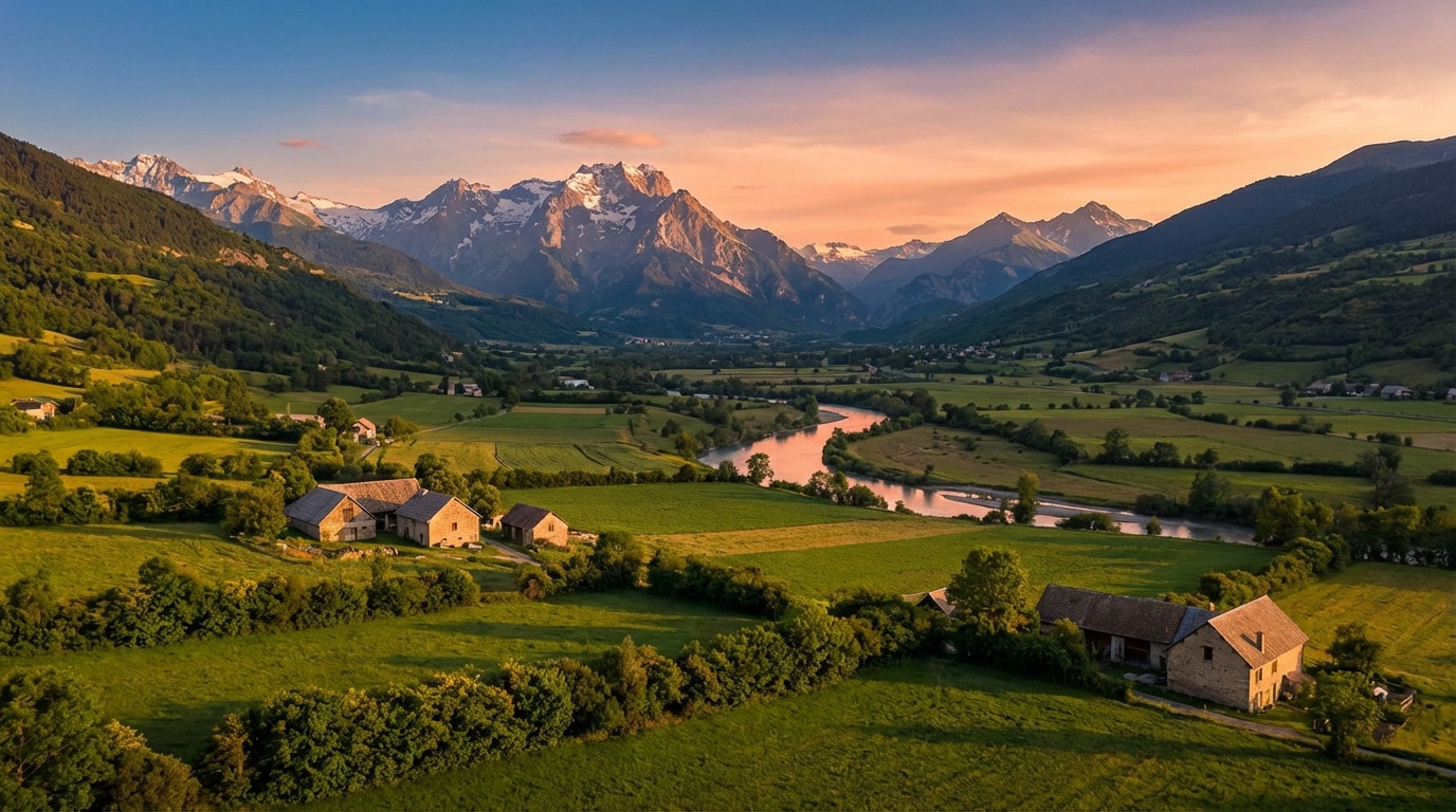 Vue aérienne de la vallée du Champsaur au coucher du soleil avec une rivière sinueuse, des champs verts et des maisons en pierre, entourée de montagnes enneigées.