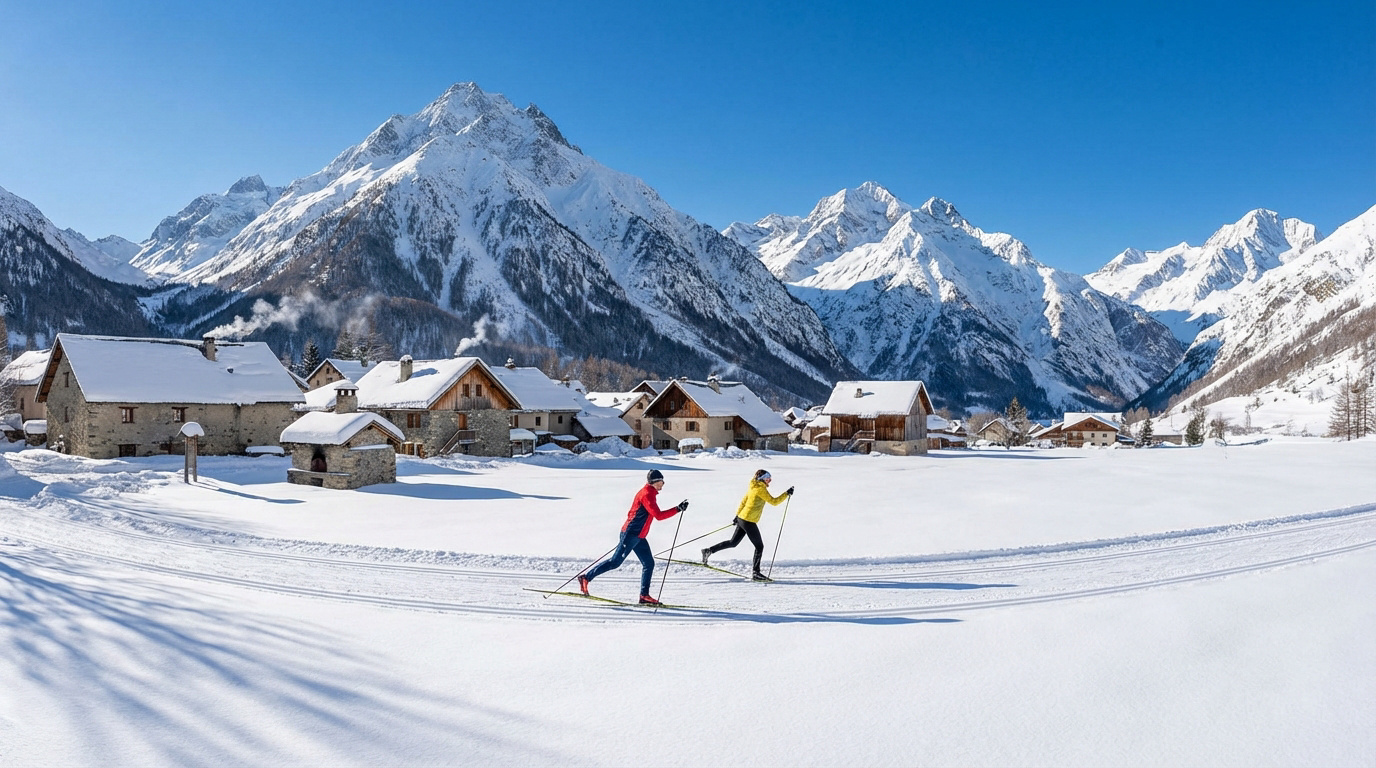 Deux skieurs de fond traversent un village enneigé de Villar d'Arène, encadré par de majestueuses montagnes.