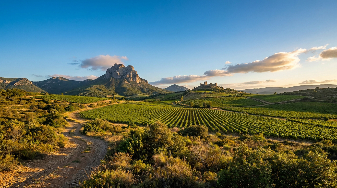 Paysage des Corbières : sentier de terre, vignobles, un château médiéval en ruine sur une colline et une grande montagne.