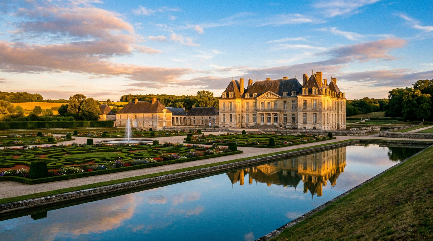 Grand château français en pierre avec jardins à la française et plan d'eau miroir sous un ciel coloré au crépuscule. Le domaine de Villarceaux.
