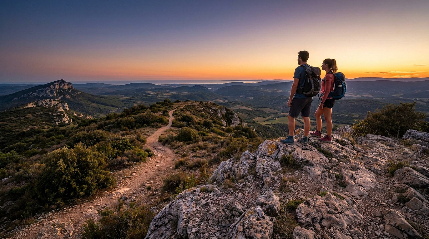 Deux randonneurs contemplent un vaste paysage montagneux au coucher du soleil, depuis un sommet rocheux avec un sentier sinueux.