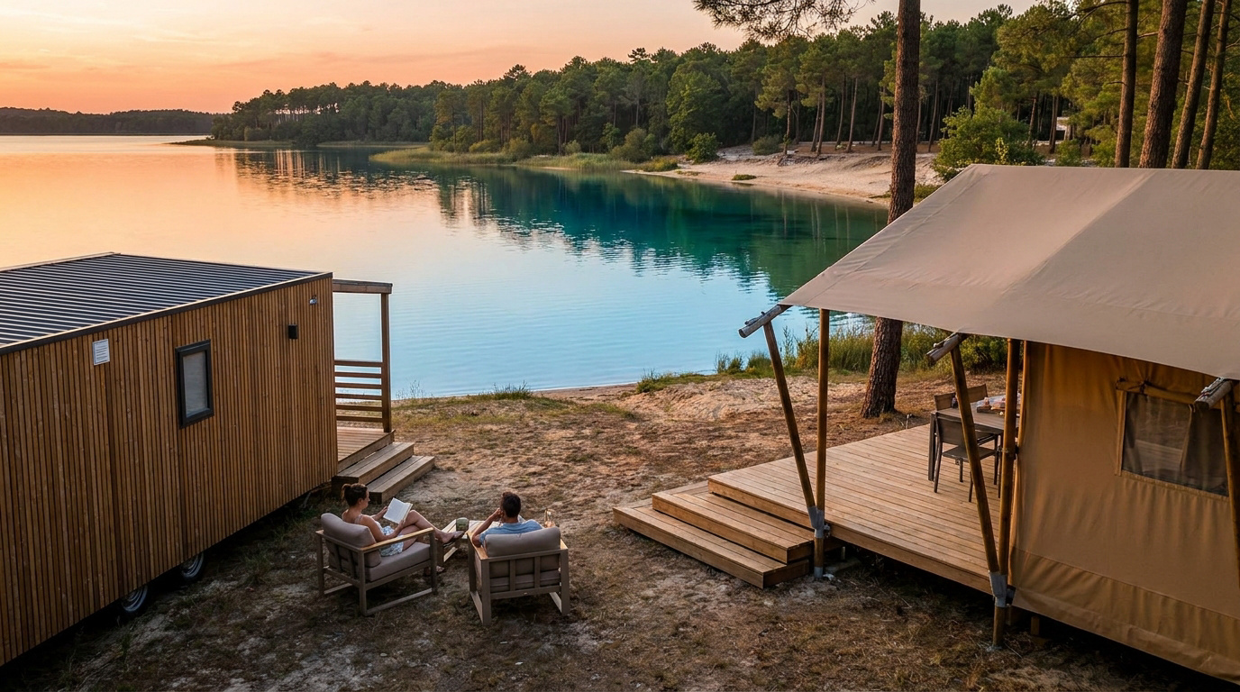 Couple se détendant devant un mobil-home et une tente glamping au bord du lac de Sanguinet au coucher du soleil.