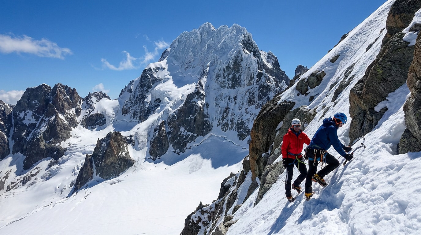 Deux alpinistes gravissent une pente enneigée avec piolets et crampons. Sommet enneigé majestueux en arrière-plan sous ciel bleu.
