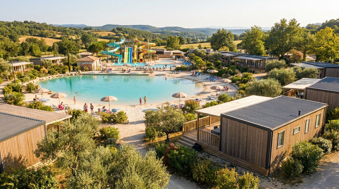 Vue aérienne du camping Château de Galaure : piscine lagon, plage de sable, toboggans et mobil-homes en bois dans la Drôme.