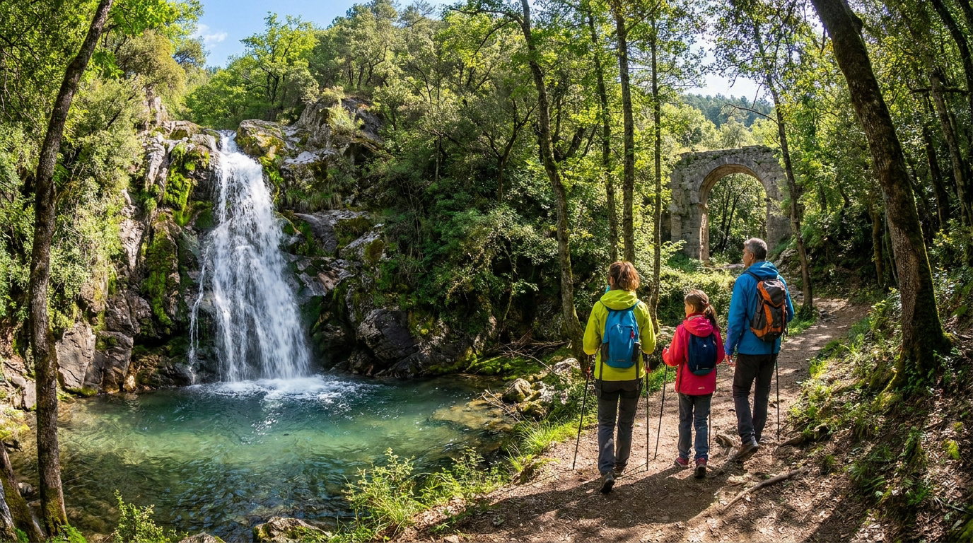 Trois randonneurs sur un sentier en forêt, longeant la magnifique cascade de Clars. Une ancienne arche en pierre est visible à l'arrière-plan.
