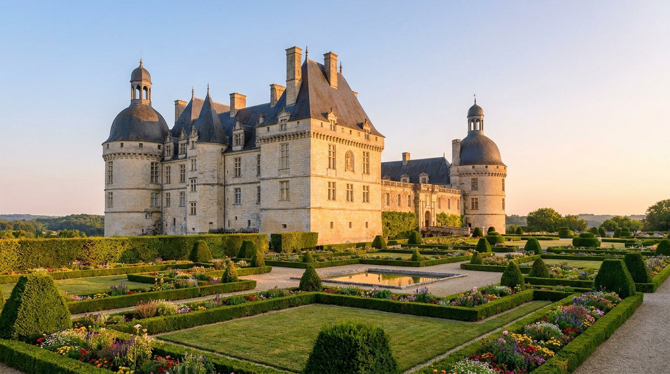 Vue générale du majestueux Château de Hautefort, un bâtiment en pierre claire entouré de vastes jardins fleuris à la française.