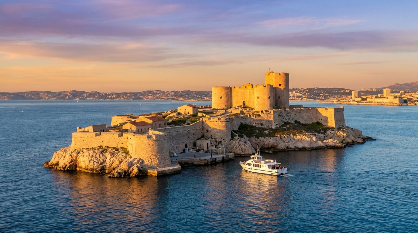 Vue aérienne du Château d'If, une forteresse historique sur une île rocheuse, baignée par le soleil couchant. Un bateau approche.