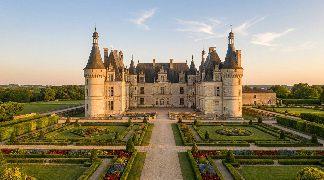 Vue aérienne du Château de Vayres, grand édifice avec tours et toits en ardoise, entouré de jardins à la française fleuris au coucher du soleil.