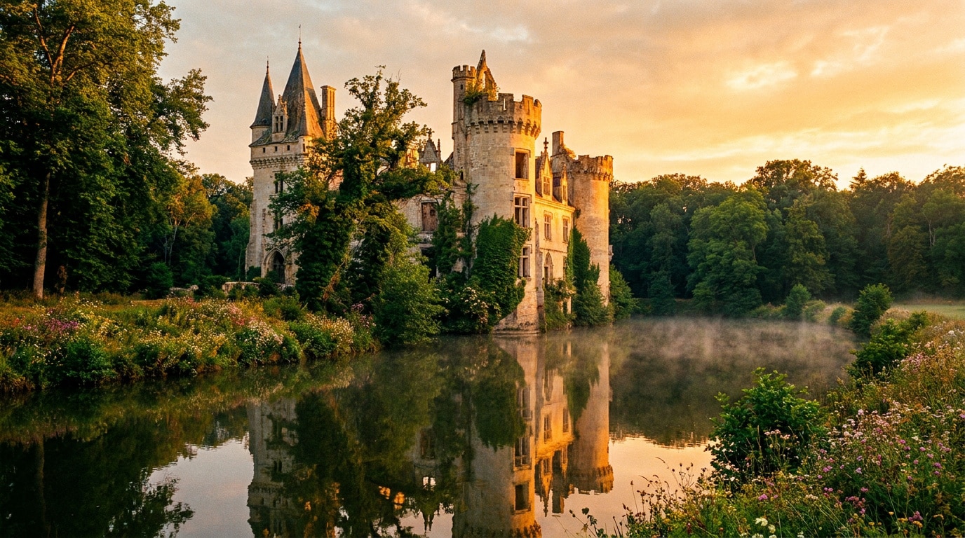 Le Château de la Mothe Chandeniers, une ruine romantique recouverte de végétation, se reflète dans l'eau brumeuse d'un étang au lever du soleil.