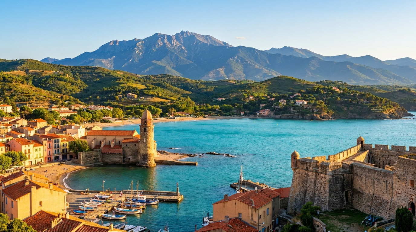 Vue aérienne de Collioure avec son clocher, ses maisons colorées au bord d'une plage et d'un port, face à la mer et aux montagnes.