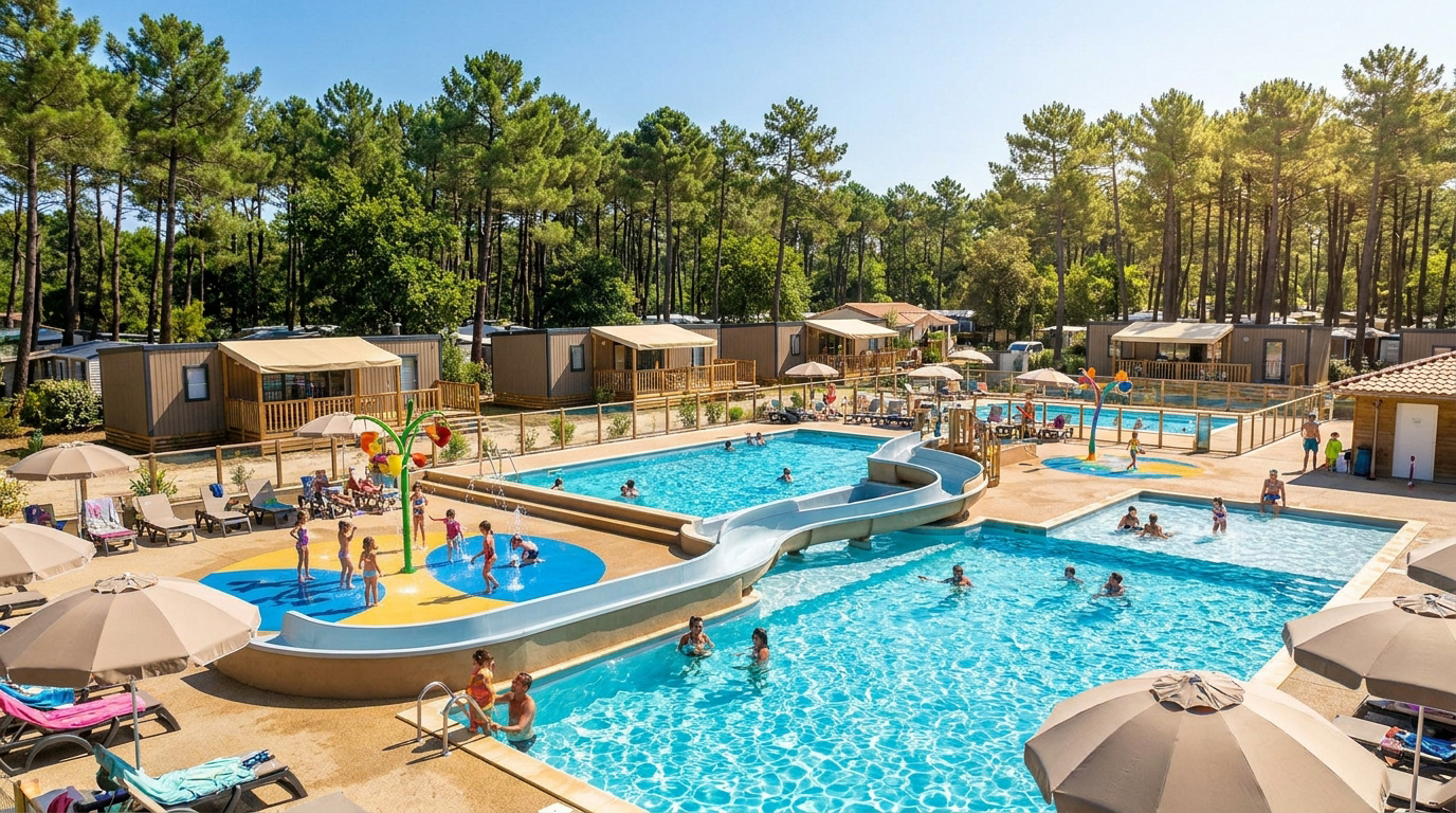 Vue aérienne de l'espace aquatique du camping Les Embruns avec piscines, toboggan, splash pad et mobil-homes entourés de pins.