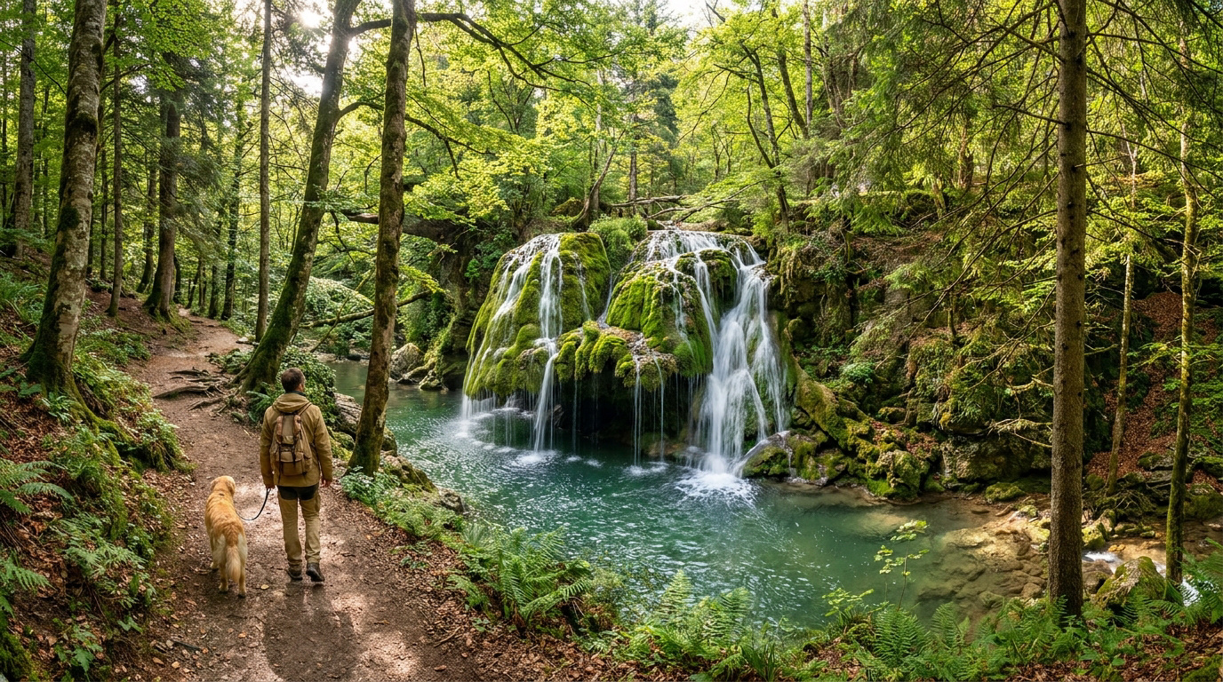 Un randonneur avec son chien golden retriever sur un sentier en forêt, menant à une magnifique cascade verdoyante aux eaux turquoise.