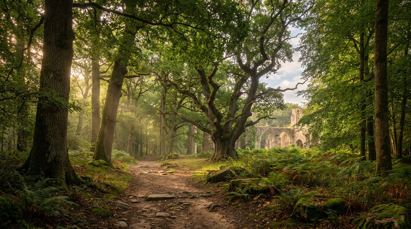 Un sentier de terre sinueux dans une forêt dense et verdoyante, éclairé par des rayons de soleil. Au loin, des ruines médiévales.