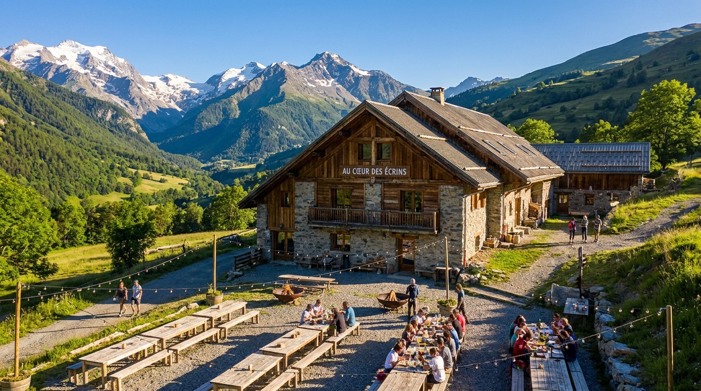 Bâtiment de ferme en pierre et bois avec terrasse et panneaux "Au Cœur des Écrins". Gens dînant dehors, montagnes enneigées en fond.