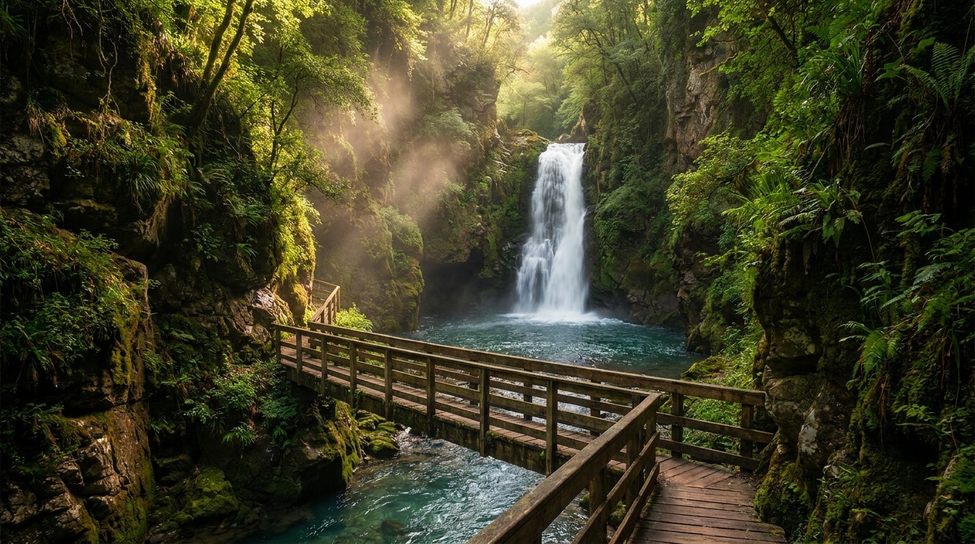 Vue d'une cascade majestueuse et de passerelles en bois longeant une rivière turquoise dans les gorges verdoyantes.