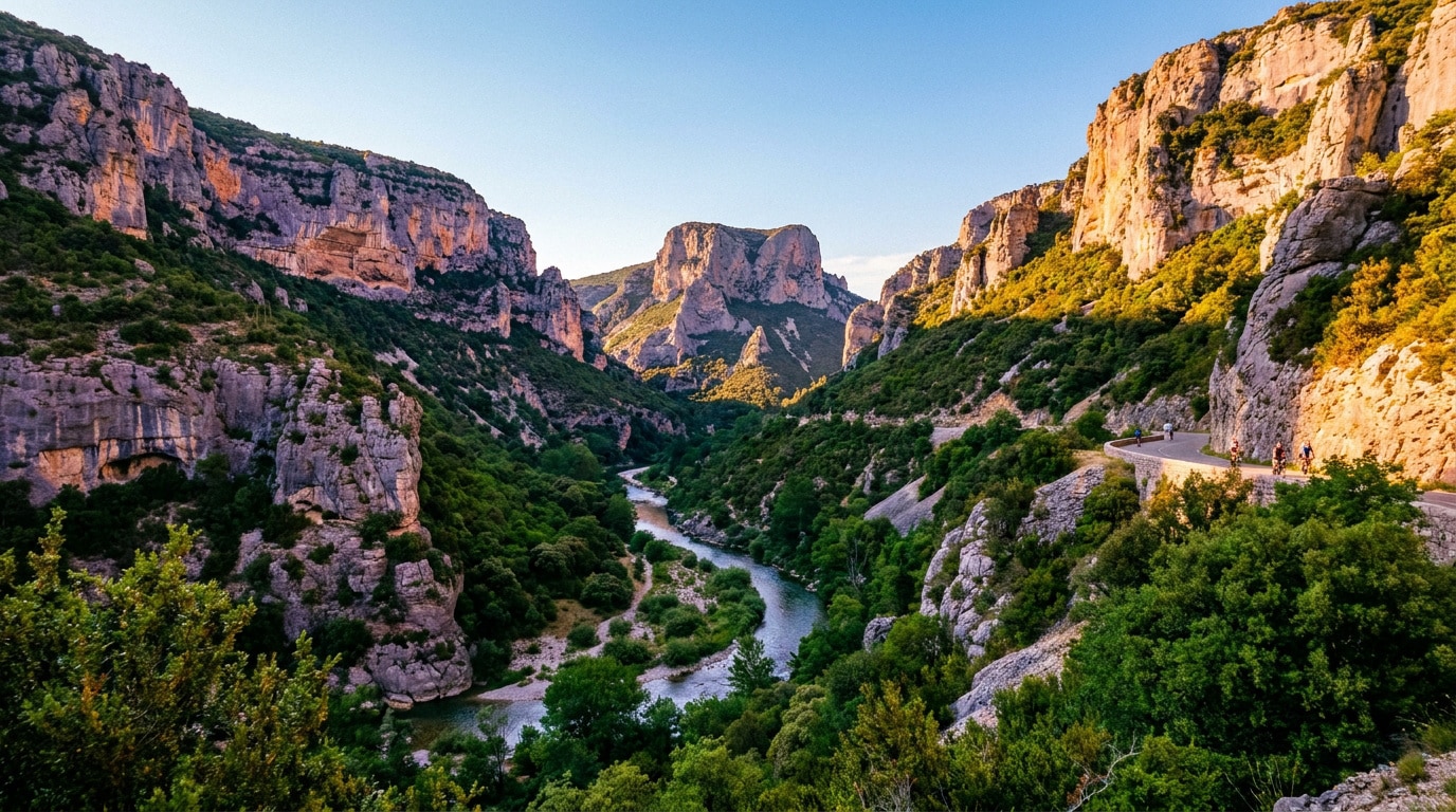 Vue aérienne des Gorges de la Nesque avec une rivière sinueuse, de hautes falaises rocheuses, une végétation dense et une route avec des cyclistes.