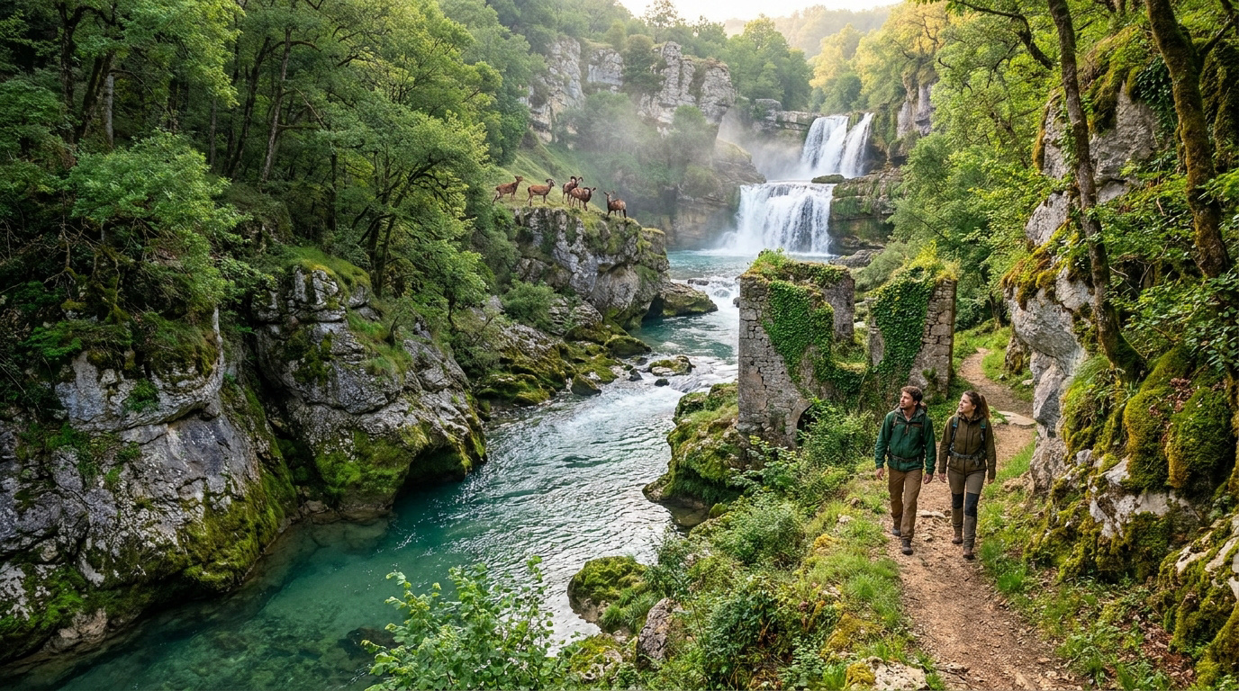 Couple en randonnée sur un sentier longeant une rivière turquoise. Cascades et mouflons sur un rocher, dans une nature luxuriante.