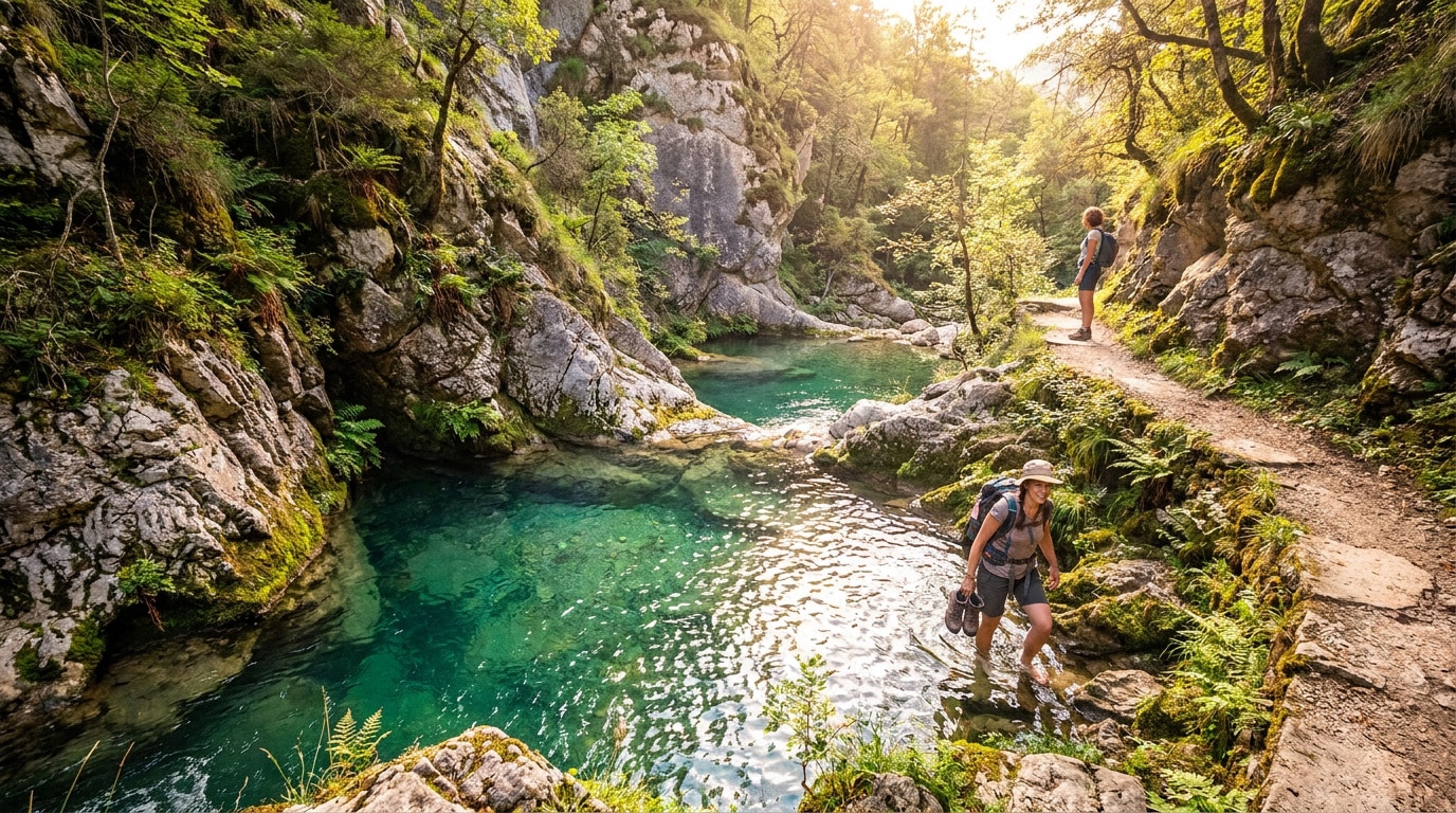 Deux femmes randonnent et pataugent dans les eaux turquoises des Gorges d'Héric, entourées de falaises verdoyantes et d'arbres.