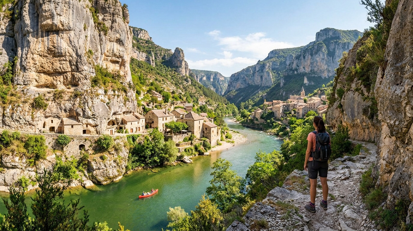 Vue panoramique des Gorges du Tarn avec une randonneuse, un village en pierre au bord de la rivière et des falaises imposantes.