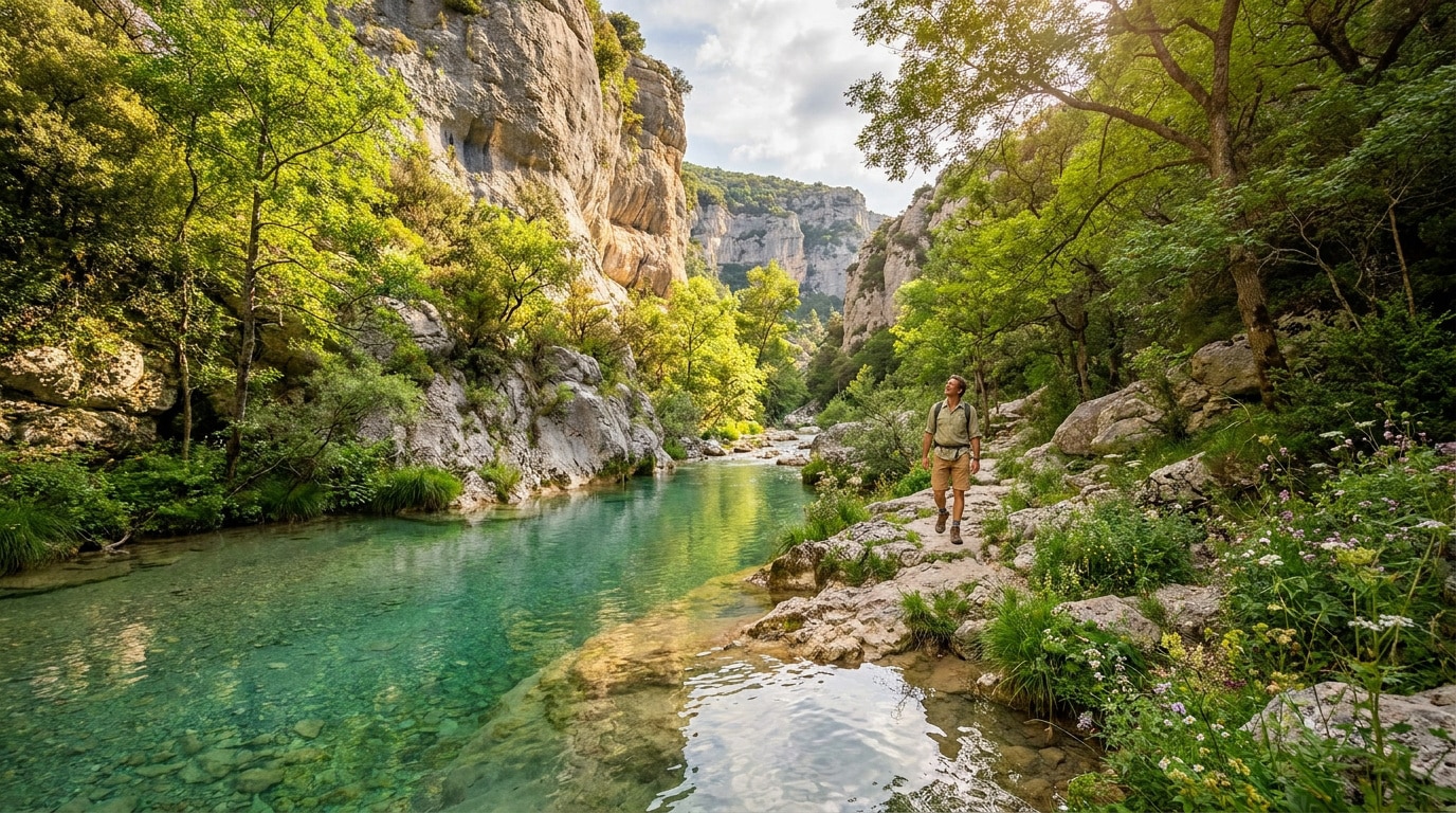 Un randonneur avec sac à dos marche le long d'une rivière aux eaux turquoise dans une gorge rocheuse et boisée.