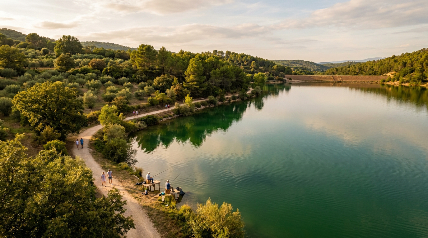 Vue aérienne du lac de Carcès au coucher du soleil. Des promeneurs arpentent un sentier tandis que des pêcheurs sont installés sur la rive.