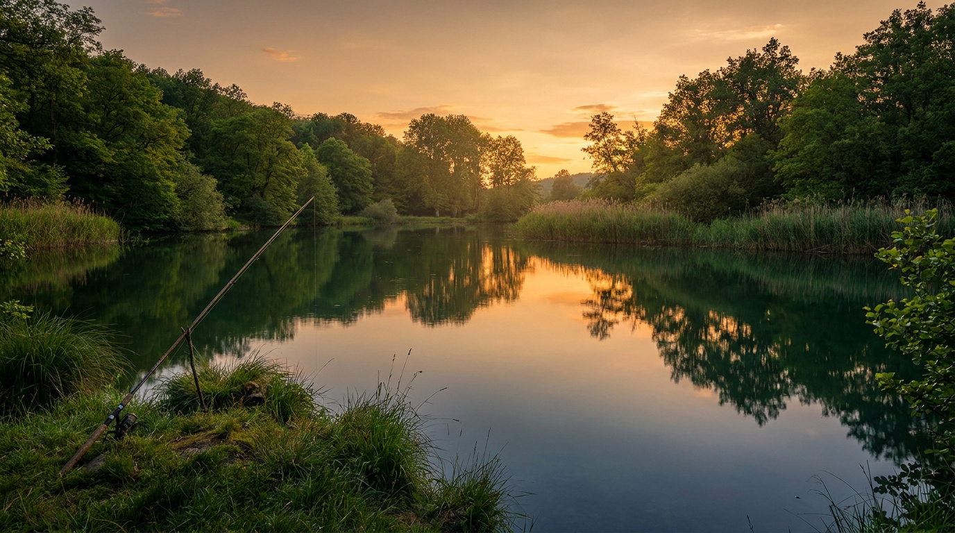 Lac de Chazey au coucher de soleil, avec une canne à pêche plantée sur la berge herbeuse et des arbres reflétés.